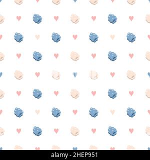 Nahtloses Muster mit Himbeeren und Herzen. Niedlicher Druck von Sommer- oder Frühlingsbeeren. Zarte Weihnachtsdekoration für Textilien, Geschenkpapier und Design. Vektorgrafik flach Stock Vektor