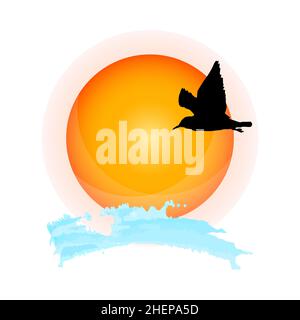 Möwe, Sonne und Meer isoliert auf weißem Hintergrund. Ocean Logo-Design. Seevögelfliegen Silhouette bei Sonnenuntergang. Sonnenuntergang Meer Emblem.Stock Vektor Illustration Stock Vektor