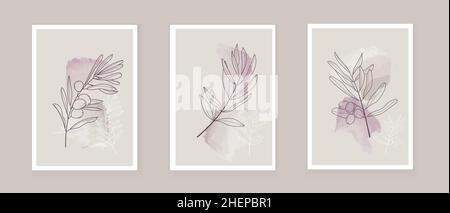Vektor des böhmischen Olivenzweiges. Oliven mit Blättern in einem linearen Stil. Boho Logo Natur, Feldpflanzen Illustration für Wandkunst. Pflanzenkunst Design für pri Stock Vektor