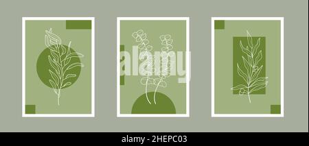 Vektor des böhmischen Olivenzweiges. Oliven mit Blättern in einem linearen Stil. Boho Logo Natur, Feldpflanzen Illustration für Wandkunst. Pflanzenkunst Design für pri Stock Vektor