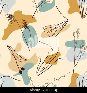 Moderne abstrakte geometrische Formen und botanische Linienzeichnungen nahtloses Muster. Stock Vektor