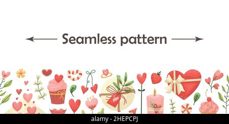 Vektor-horizontales nahtloses Muster mit Illustrationen zum Valentinstag. Stock Vektor