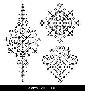 Line Art modernes Tribal-Vektor-Design-Set, coole, minimalistische geometrische Muster, inspiriert von der alten nordischen Wikinger-Runenkunst Stock Vektor