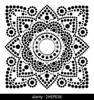 Dot Art Vector Ethnisches Mandala im Quadrat, traditionelles indigenes Dot-Maldesign aus Australien in Schwarz auf Weiß Stock Vektor