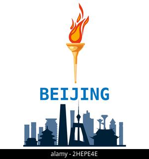 Skyline von Peking, Silhouette, Fackel mit Flamme, Symbol-Sportspiele. Vektorgrafik Stock Vektor