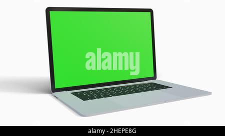 Laptop-Green-Screen-Display, ein 3D gerendertes Bild. Laptop zeigt auf die rechte Seite des Bildes. Das Objekt kann für Unternehmen, Bildung, etc. Verwendet werden Stockfoto