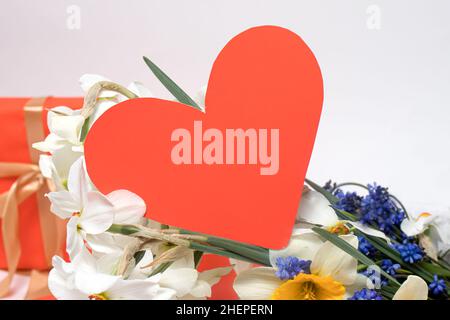 Schöne Grußkarte mit Herz, Narzissen Blumen. Alles gute zum Muttertag, Familientag, Geburtstag, Jubiläum mit einem Ort zum Text Stockfoto