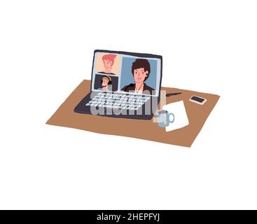 Cartoon flache Figuren auf dem Computerbildschirm, Videokonferenz-Apps mit Vektor-Illustration-Konzept Stock Vektor
