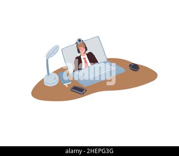 Cartoon flache Figur auf dem Computerbildschirm, Videokonferenz-Apps mit Vektor-Illustration-Konzept Stock Vektor