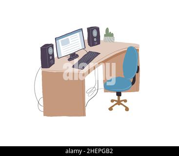 Flacher Cartoon-Computermonitor auf Schreibtisch, elektronische Haushaltsgeräte und Raumelemente Vektor-Illustration Konzept Stock Vektor