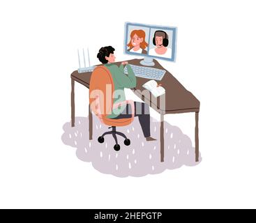 Cartoon flache Figur bei Online-Geschäftstreffen, Verwendung von Videokonferenz-Apps Vektor-Illustration Konzept Stock Vektor