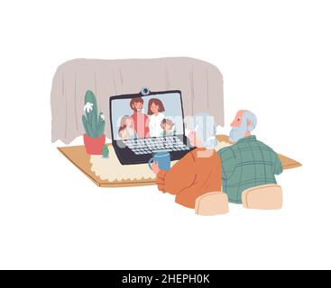 Cartoon flache alte Charaktere im Gespräch mit Familie online, Verwendung von App für Videoanrufe Vektor Illustration Konzept Stock Vektor