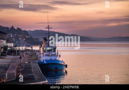 Cobh, Cork, Irland. 12th. Januar 2022. Das Schlepper Gerry O'Sullivan liegt vor Sonnenaufgang am Tiefwasserkai in Cobh, Co. Cork, Irland. - Credit; David Creedon / Alamy Live News Stockfoto