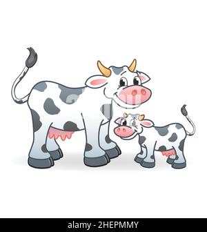 Lächelnd glücklich Cartoon schwarz und weiß Milchkuh und Kalb Zeichen Vektor auf weißem Hintergrund isoliert Stock Vektor