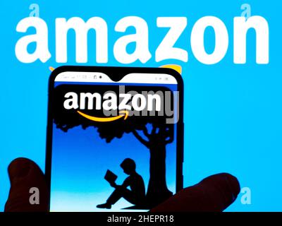 In dieser Abbildung sehen Sie das Amazon Books-Logo auf einem Smartphone-Bildschirm und das Amazon-Logo im Hintergrund. Stockfoto