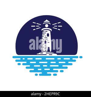Blaues Leuchtturmlogo. Vektor und Illustration. Stock Vektor