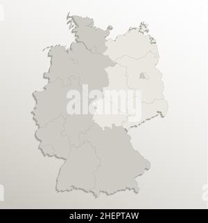 Deutschland Karte aufgeteilt auf West- und Ostdeutschland mit Regionen, Kartenpapier 3D Natur, leer Stockfoto