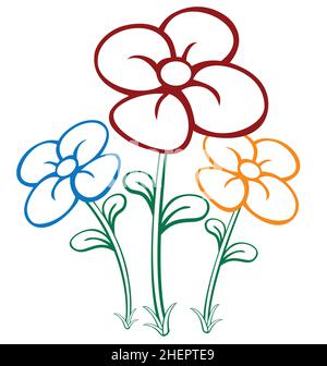 Bunte Cartoon Blumen rot blau gelb bunte helle Linienarbeit Vektor auf weißem Hintergrund isoliert Stock Vektor