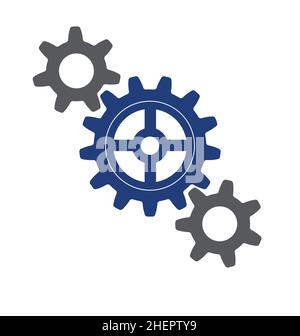 Drei Gitterzahnräder grau und blau Symbol Logo Vektor isoliert auf weißem Hintergrund Stock Vektor