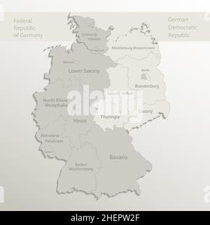 Deutschland Karte aufgeteilt auf West- und Ostdeutschland mit Regionen, Kartenpapier 3D natürlicher Vektor Stock Vektor