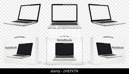 Laptops mit transparentem Bildschirm und neue Notebooks in isolierten Boxen. Vektorgrafik. Stock Vektor