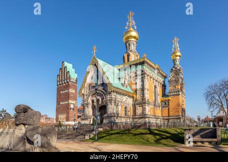 Russische Kapelle auf der Mathildenhöhe in Darmstadt, Deutschland mit Hochzeitsturm Stockfoto