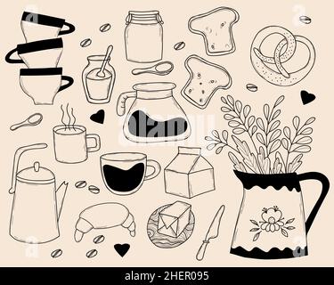 Set von Küchenwerkzeugen doodles. Küchengeräte zum Kochen, Messer und Krug mit Pflanzen, Geschirr, Wasserkocher und Tassen, Brot und Margarine Produkte, Gläser und Stock Vektor