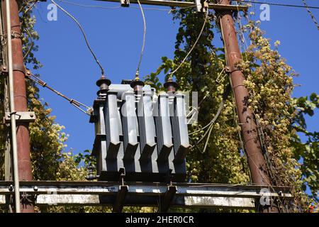 Eine elektrische Verteilung Transformator mit Kühlrippen auf der Pole. Gegen den blauen Himmel. Stockfoto