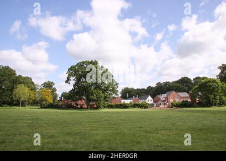 Neue Wohnsiedlung, Bauarbeiten neben Grünfeld, etablierte Bäume, Gras, Felder. Stockfoto
