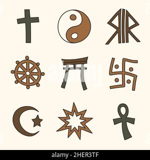 Handgezeichnetes flaches Design Religiöses Symbolset Vektor-Illustration. Stock Vektor
