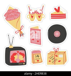 Flache Valentinstag Aufkleber Set Vektor Illustration. Stock Vektor