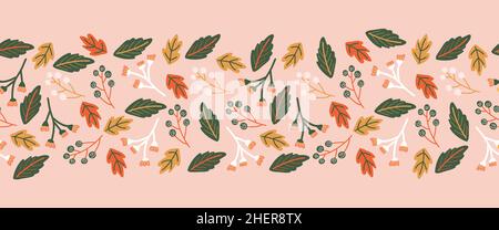 Nahtlose Vektor Grenze Herbst Blätter Beeren. Wiederholen niedlichen botanischen floralen Wiederholung horizontalen Muster braun grün weiß Beere Natur Formen auf Stock Vektor