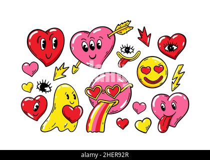 Valentinstag Love Sticker Pack mit modernen seltsamen Charakteren. Vektorgrafik Stock Vektor
