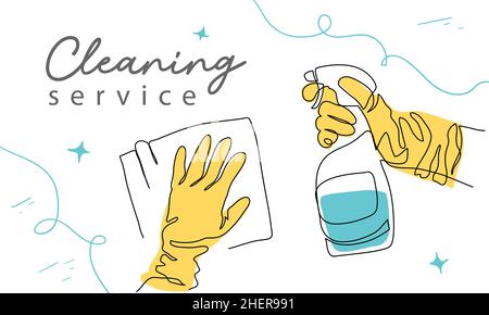 Zwei Hände in gelben Handschuhen halten Sprüher und Lappen fest. Hintergrund des Bereinigungsdienstes. Ein fortlaufendes Zeichenbanner, Poster zur Reinigung Stock Vektor