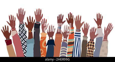 Waffen und Hände erhoben ethnische Gruppe von schwarzen afrikanischen und afroamerikanischen Männern und Frauen. Identitätskonzept - Rassengleichheit und Gerechtigkeit.Anti-Rassismus Stock Vektor