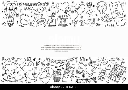 Große Doodle Satz von Symbolen für Valentinstag. Vektorgrafik für den Feiertag am 14. Februar. Handzeichensatz für Romantik, Hochzeit, Datum, Einladung Stock Vektor