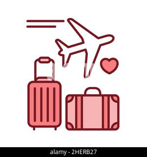 Symbol der Honeymoon-Farblinie. Koffer mit Flugzeug. Isoliertes Vektorelement. Skizzieren Sie das Piktogramm für Webseite, mobile App, Promo. Stock Vektor