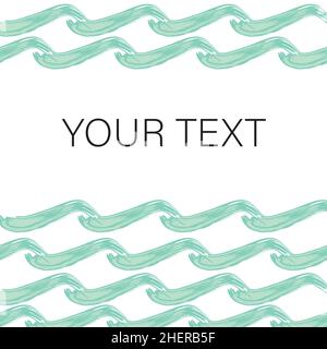 Vektorvorlage für Ozeanwellen mit Platz für Text. Hand gezeichnet gemalt horizontal nahtlose Meereswellen-Rahmen Abstrakt stilisierte marine Design in Schattierungen von Stock Vektor