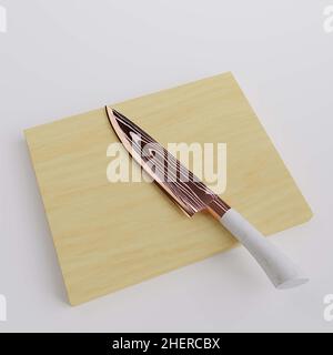 Messer auf einem hölzernen Schneidebrett 3D Rendering Stockfoto