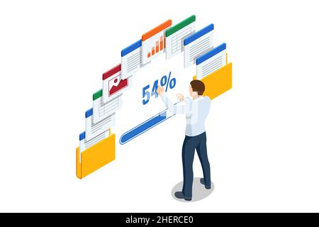 Isometrische Datei in der Datenbank, Dokumentenflussmanagement-Konzept. Cloud-Datenspeicherung und Remote-Datenzugriff Stock Vektor