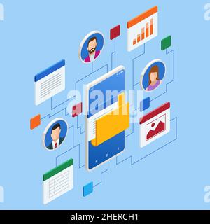 Isometrische Datei in der Datenbank, Dokumentenflussmanagement-Konzept. Cloud-Datenspeicherung und Remote-Datenzugriff Stock Vektor