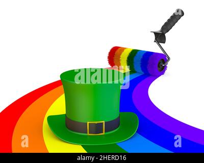 St. Patrick Day. Grüner Hut und Regenbogen auf weißem Hintergrund. Isolierte 3D-Abbildung Stockfoto