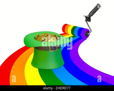 St. Patrick Day. Grüner Hut mit Geld und Regenbogen auf weißem Hintergrund. Isolierte 3D-Abbildung Stockfoto