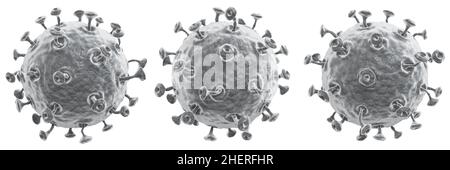 COVID-19 . Set von Corona-Virus mit hoher Detail texturierten und Glykoprotein Spike . Andere Ansicht. Weißer isolierter Hintergrund . Schwarz-weiße Farbe . Stockfoto