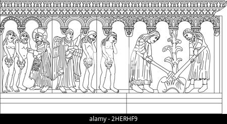 Romanisches Flachrelief der Kathedrale von Modena, Italien, Zyklus der Entstehung, skizzieren Vektor-Illustration auf weißem Hintergrund, UNESCO-Weltkulturerbe Stock Vektor