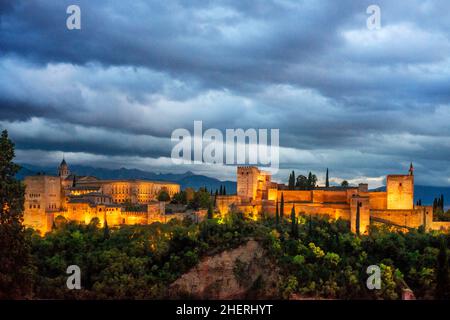 Panorama der Alhambra von Mirador de San Nicolas. Von links nach rechts: Generalife, Nazaries Paläste, Palast von Karl V und Alcazaba. Links Unten, die S Stockfoto