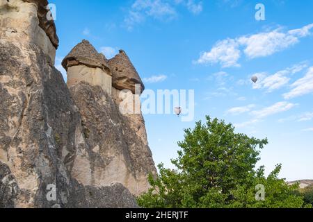 Fliegen von Heißluftballons und Feenkaminen im Pasabag Valley oder Monks Valley, Zelve Open Air Museum, Kappadokien, Türkei. Stockfoto