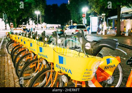 Vilnius Litauen. Reihe Von Fahrrädern Aviva Zu Vermieten Auf Beleuchteten Fahrradparkplatz Auf Wet Pilies Street, Nacht Stockfoto