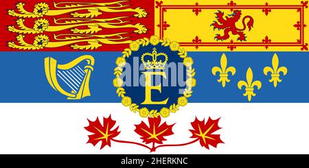 Draufsicht auf die Flagge des Royal Standard of Canada, Kanada. Kanadischer Patriot und Reisekonzept. Kein Fahnenmast. Ebenendesign, Layout. Hintergrund markieren Stockfoto