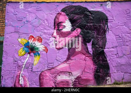 Street Wall Art von ehemaligen Bandenmitgliedern im einst berüchtigten Barrio Egipto, Bogota, Kolumbien. Organisierte Wandertouren sind möglich. Stockfoto